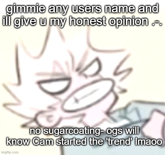 plus i wanna be an asshole rn and HONESTLY theres barely any ppl i genuinely like here so | gimmie any users name and ill give u my honest opinion .-. no sugarcoating- ogs will know Cam started the 'trend' lmaoo | image tagged in bakuhoe | made w/ Imgflip meme maker