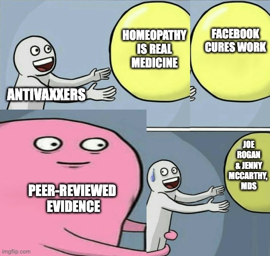 That balloon's just full of hot air, kid | FACEBOOK CURES WORK; HOMEOPATHY IS REAL MEDICINE; ANTIVAXXERS; JOE ROGAN & JENNY MCCARTHY, 
MDS; PEER-REVIEWED 
EVIDENCE | image tagged in memes,running away balloon,antivaxxers,big data,science | made w/ Imgflip meme maker