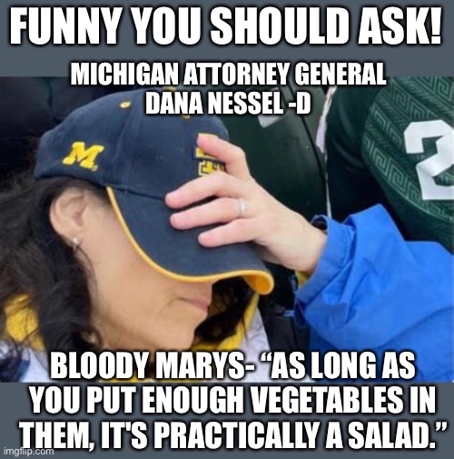 FUNNY YOU SHOULD ASK! MICHIGAN ATTORNEY GENERAL
DANA NESSEL -D BLOODY MARYS- “AS LONG AS YOU PUT ENOUGH VEGETABLES IN THEM, IT'S PRACTICALLY | made w/ Imgflip meme maker