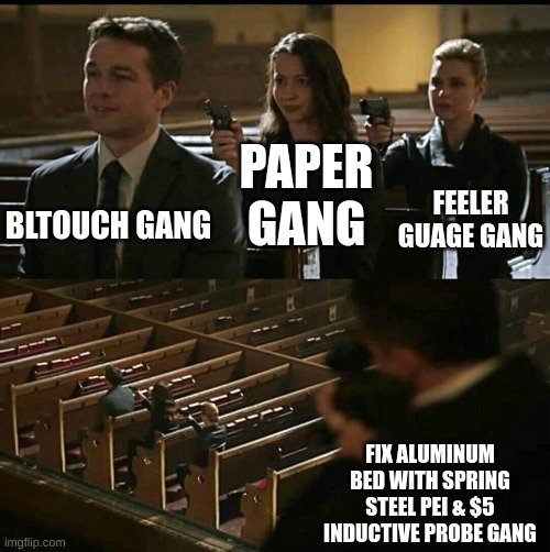 Church gun | PAPER GANG; BLTOUCH GANG; FEELER GUAGE GANG; FIX ALUMINUM BED WITH SPRING STEEL PEI & $5 INDUCTIVE PROBE GANG | image tagged in church gun,ender3 | made w/ Imgflip meme maker