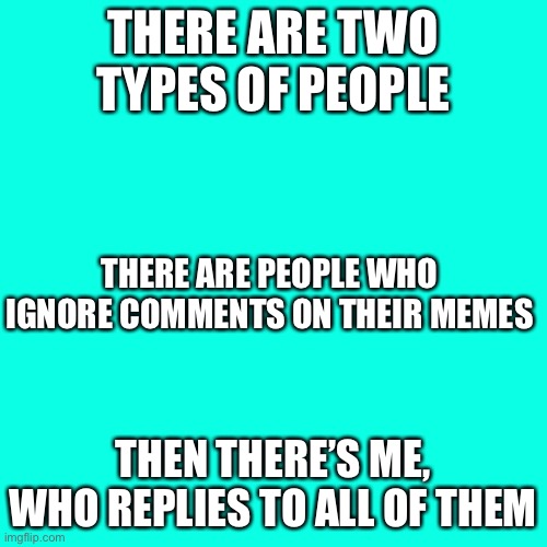 Dunno | THERE ARE TWO TYPES OF PEOPLE; THERE ARE PEOPLE WHO IGNORE COMMENTS ON THEIR MEMES; THEN THERE’S ME, WHO REPLIES TO ALL OF THEM | image tagged in memes,blank transparent square | made w/ Imgflip meme maker