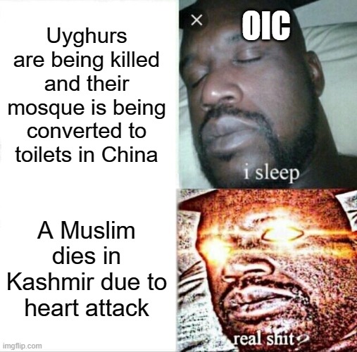 Sleeping Shaq | OIC; Uyghurs are being killed and their mosque is being converted to toilets in China; A Muslim dies in Kashmir due to heart attack | image tagged in memes,sleeping shaq | made w/ Imgflip meme maker