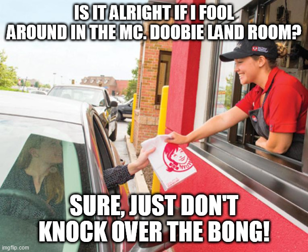 IS IT ALRIGHT IF I FOOL AROUND IN THE MC. DOOBIE LAND ROOM? SURE, JUST DON'T KNOCK OVER THE BONG! | image tagged in memes | made w/ Imgflip meme maker