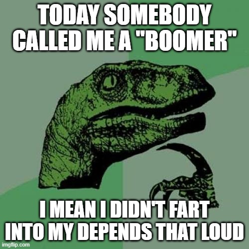 Uh oh big boomers! | TODAY SOMEBODY CALLED ME A "BOOMER"; I MEAN I DIDN'T FART INTO MY DEPENDS THAT LOUD | image tagged in memes,philosoraptor,boomer,depends,fart | made w/ Imgflip meme maker