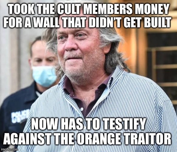 Steve Bannon | TOOK THE CULT MEMBERS MONEY FOR A WALL THAT DIDN’T GET BUILT; NOW HAS TO TESTIFY AGAINST THE ORANGE TRAITOR | image tagged in steve bannon | made w/ Imgflip meme maker