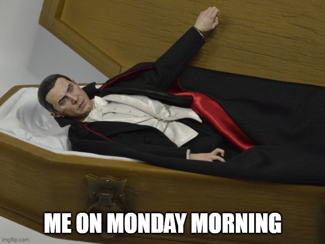 Me on Monday morning | ME ON MONDAY MORNING | image tagged in dracula,funny,funny memes,monday mornings,monday,demotivationals | made w/ Imgflip meme maker