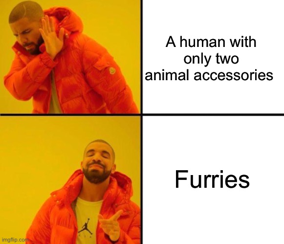 Just a personal opinion | A human with only two animal accessories; Furries | image tagged in drake meme | made w/ Imgflip meme maker