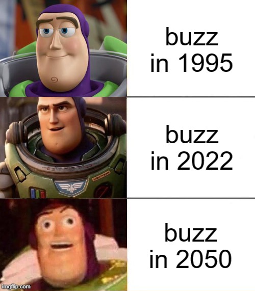 Better, best, blurst lightyear edition | buzz in 1995; buzz in 2022; buzz in 2050 | image tagged in better best blurst lightyear edition,buzz lightyear | made w/ Imgflip meme maker