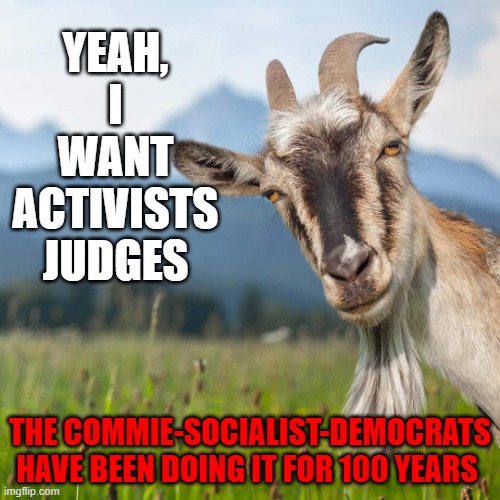 Justice Was Supposed To Be Blind | YEAH, I WANT ACTIVISTS JUDGES; THE COMMIE-SOCIALIST-DEMOCRATS HAVE BEEN DOING IT FOR 100 YEARS | image tagged in creepy condescending goat,overreaction,swing time,foward | made w/ Imgflip meme maker