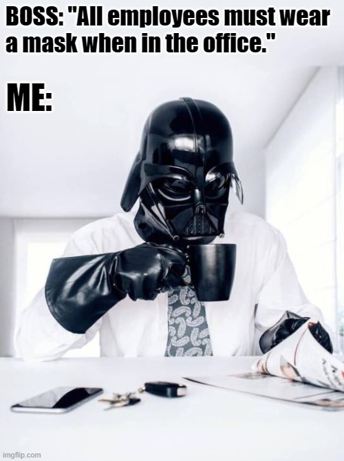 Work like a boss. | BOSS: "All employees must wear
a mask when in the office."; ME: | image tagged in mask,covid,boss,offixe | made w/ Imgflip meme maker