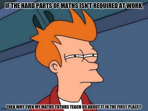 Futurama Fry | IF THE HARD PARTS OF MATHS ISN'T REQUIRED AT WORK, THEN WHY EVEN MY MATHS TUTORS TEACH US ABOUT IT IN THE FIRST PLACE? | image tagged in memes,futurama fry,mathematics | made w/ Imgflip meme maker