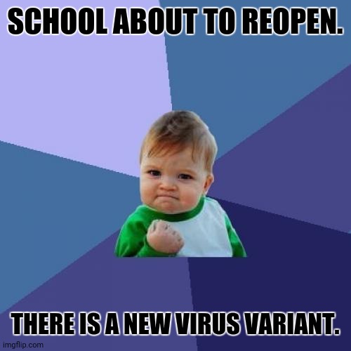 Success Kid | SCHOOL ABOUT TO REOPEN. THERE IS A NEW VIRUS VARIANT. | image tagged in memes,success kid,coronavirus | made w/ Imgflip meme maker