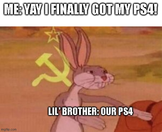*our | ME: YAY I FINALLY GOT MY PS4! LIL' BROTHER: OUR PS4 | image tagged in our | made w/ Imgflip meme maker