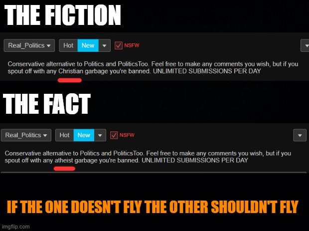 Attention mods: This is discrimination | THE FICTION; THE FACT; IF THE ONE DOESN'T FLY THE OTHER SHOULDN'T FLY | image tagged in black background,memes,religion,discrimination,mods,imgflip | made w/ Imgflip meme maker