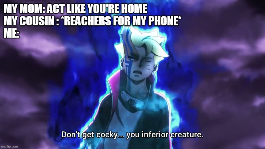 Don't get cocky... you inferior creature | MY MOM: ACT LIKE YOU'RE HOME
MY COUSIN : *REACHERS FOR MY PHONE*
ME: | image tagged in don't get cocky you inferior creature | made w/ Imgflip meme maker