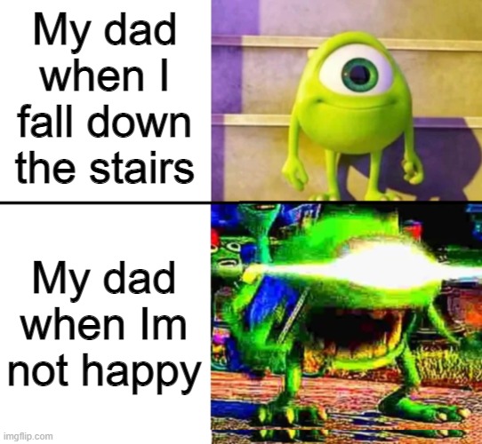 This is my dad | My dad when I fall down the stairs; My dad when Im not happy | image tagged in kid mike wazowski,dad,hispanic | made w/ Imgflip meme maker