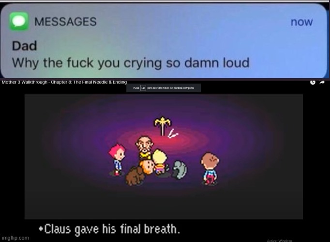 Claus gave his final breath and ur crying | image tagged in claus gave his final breath,lucas,claus,mother 3,sadness,why the f you crying so damn loud | made w/ Imgflip meme maker