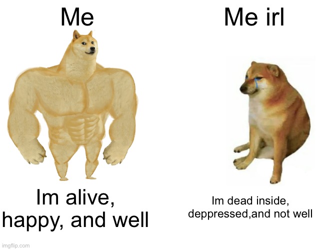 Oof | Me; Me irl; Im dead inside, deppressed,and not well; Im alive, happy, and well | image tagged in memes,buff doge vs cheems | made w/ Imgflip meme maker