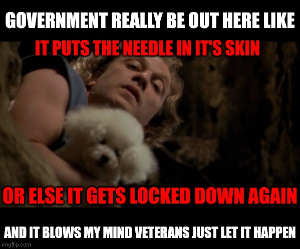 Oath Breakers | GOVERNMENT REALLY BE OUT HERE LIKE; IT PUTS THE NEEDLE IN IT'S SKIN; OR ELSE IT GETS LOCKED DOWN AGAIN; AND IT BLOWS MY MIND VETERANS JUST LET IT HAPPEN | image tagged in silence of the lambs lotion,freedom,covid,constitution,veterans,america | made w/ Imgflip meme maker