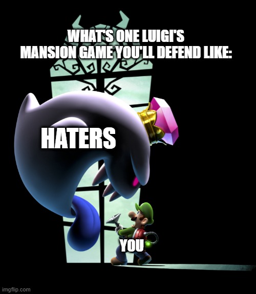 Luigi's mansion defender | WHAT'S ONE LUIGI'S MANSION GAME YOU'LL DEFEND LIKE:; HATERS; YOU | image tagged in luigi | made w/ Imgflip meme maker