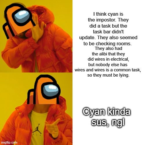 Drake Hotline Bling Meme | I think cyan is the impostor. They did a task but the task bar didn't update. They also seemed to be checking rooms. They also had the alibi that they did wires in electrical, but nobody else has 
wires and wires is a common task, 
so they must be lying. Cyan kinda 
sus, ngl | image tagged in memes,drake hotline bling,among us,funny memes,dank memes | made w/ Imgflip meme maker