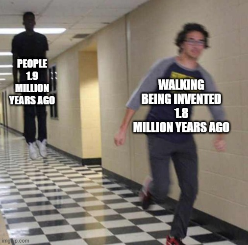 Good quality meme |  PEOPLE 1.9 MILLION YEARS AGO; WALKING BEING INVENTED 1.8 MILLION YEARS AGO | image tagged in floating boy chasing running boy | made w/ Imgflip meme maker