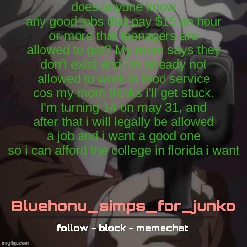 do not say amazon, the working conditions are horrible there | does anyone know any good jobs that pay $15 an hour or more that teenagers are allowed to get? My mom says they don't exist and i'm already not allowed to work in food service cos my mom thinks i'll get stuck. I'm turning 14 on may 31, and after that i will legally be allowed a job and i want a good one so i can afford the college in florida i want | image tagged in honu's nagito gun temp thanks suga | made w/ Imgflip meme maker