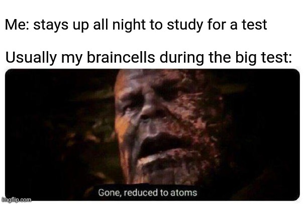 Test | Me: stays up all night to study for a test; Usually my braincells during the big test: | image tagged in gone reduced to atoms,memes,test,study,funny,blank white template | made w/ Imgflip meme maker