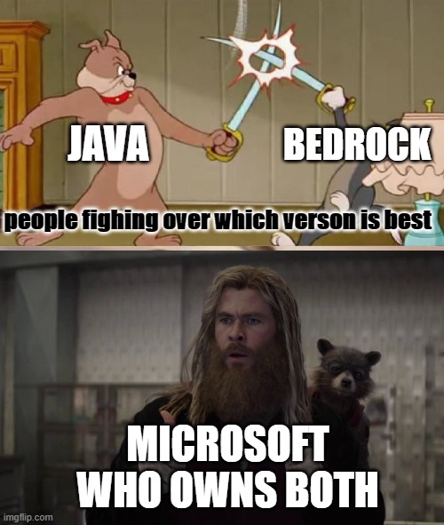 yeah, microsoft dont care | JAVA; BEDROCK; people fighing over which verson is best; MICROSOFT WHO OWNS BOTH | image tagged in memes,truth,minceraft,no the last tag was not a typeing error,gif,not really a gif | made w/ Imgflip meme maker