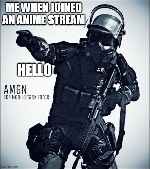 hello | ME WHEN JOINED AN ANIME STREAM; HELLO | image tagged in mtf-scp | made w/ Imgflip meme maker