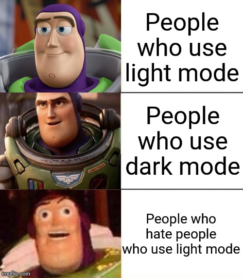 There is absolutely nothing wrong with using light mode. | People who use light mode; People who use dark mode; People who hate people who use light mode | image tagged in better best blurst lightyear edition,light mode,discord,memes,barney will eat all of your delectable biscuits | made w/ Imgflip meme maker