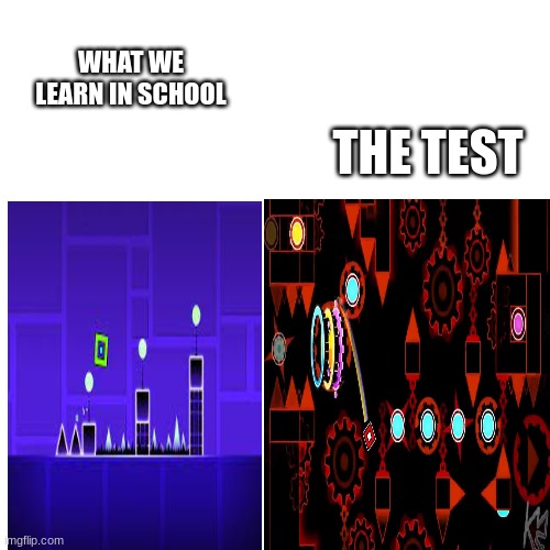 gaming meme | THE TEST; WHAT WE LEARN IN SCHOOL | image tagged in geometry dash | made w/ Imgflip meme maker