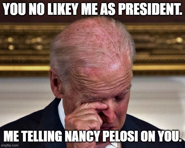 cryung joe | YOU NO LIKEY ME AS PRESIDENT. ME TELLING NANCY PELOSI ON YOU. | image tagged in cryung joe | made w/ Imgflip meme maker