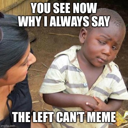 Third World Skeptical Kid Meme | YOU SEE NOW WHY I ALWAYS SAY THE LEFT CAN’T MEME | image tagged in memes,third world skeptical kid | made w/ Imgflip meme maker