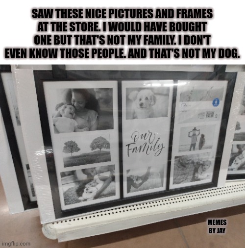 Imagine if you will... | SAW THESE NICE PICTURES AND FRAMES AT THE STORE. I WOULD HAVE BOUGHT ONE BUT THAT'S NOT MY FAMILY. I DON'T EVEN KNOW THOSE PEOPLE. AND THAT'S NOT MY DOG. MEMES BY JAY | image tagged in picture,family photo,this is fine dog | made w/ Imgflip meme maker