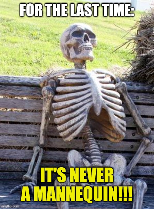 Waiting Skeleton | FOR THE LAST TIME:; IT'S NEVER A MANNEQUIN!!! | image tagged in memes,waiting skeleton | made w/ Imgflip meme maker