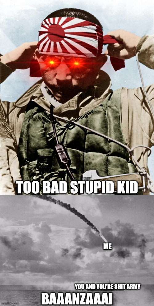 TOO BAD STUPID KID ME YOU AND YOU'RE SHIT ARMY BAAANZAAAI | image tagged in kamikaze,common courtesy not kamikaze | made w/ Imgflip meme maker