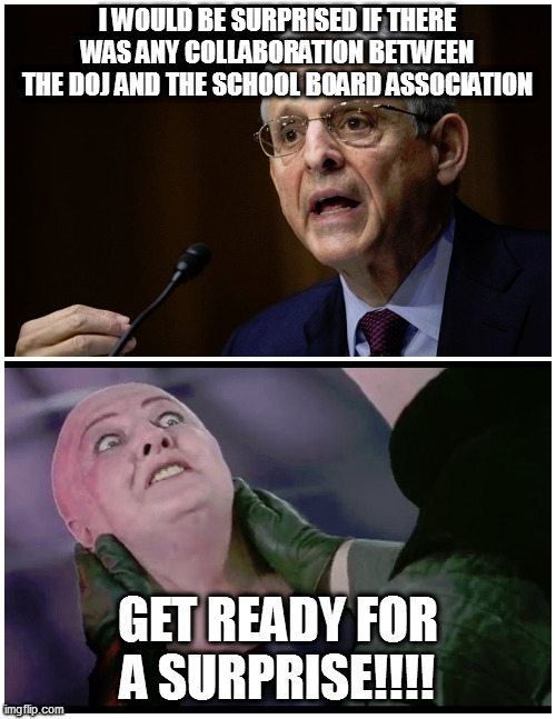 lyin merrrick | I WOULD BE SURPRISED IF THERE WAS ANY COLLABORATION BETWEEN THE DOJ AND THE SCHOOL BOARD ASSOCIATION; GET READY FOR A SURPRISE!!!! | image tagged in memes,politics,garland,liar,corrupt,lies | made w/ Imgflip meme maker