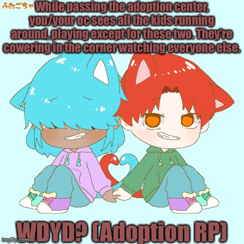 She/Her and He/Him pronouns. They look about 7 years old. |  While passing the adoption center, you/your oc sees all the kids running around, playing except for these two. They’re cowering in the corner watching everyone else. WDYD? (Adoption RP) | made w/ Imgflip meme maker