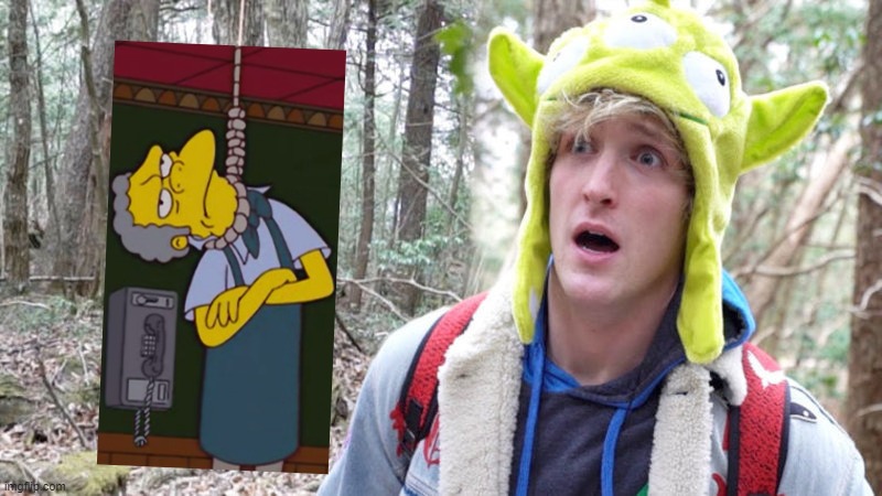 Moe kills himself in Logan Paul's suicide forest video | image tagged in suicide forest meme,moe,simpsons,logan paul,logan paul dead boby,aokigahara forest | made w/ Imgflip meme maker