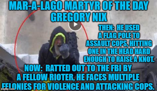 He expresses his respect for his country, with a special salute. | MAR-A-LAGO MARTYR OF THE DAY
GREGORY NIX; THEN:  HE USED A FLAG POLE TO ASSAULT COPS, HITTING ONE IN THE HEAD HARD ENOUGH TO RAISE A KNOT. NOW:  RATTED OUT TO THE FBI BY A FELLOW RIOTER, HE FACES MULTIPLE FELONIES FOR VIOLENCE AND ATTACKING COPS. | image tagged in politics | made w/ Imgflip meme maker