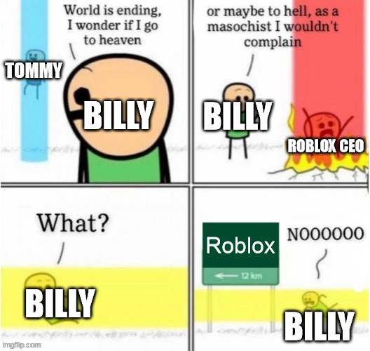 guy goes to roblox | TOMMY; BILLY; BILLY; ROBLOX CEO; Roblox; BILLY; BILLY | image tagged in guy goes to insert text here | made w/ Imgflip meme maker