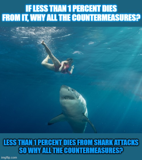 If less than 1 percent dies from it, why all the countermeasures? | IF LESS THAN 1 PERCENT DIES FROM IT, WHY ALL THE COUNTERMEASURES? LESS THAN 1 PERCENT DIES FROM SHARK ATTACKS
SO WHY ALL THE COUNTERMEASURES? | image tagged in fear,unrealistic expectations,covid19,anti-vaxx | made w/ Imgflip meme maker