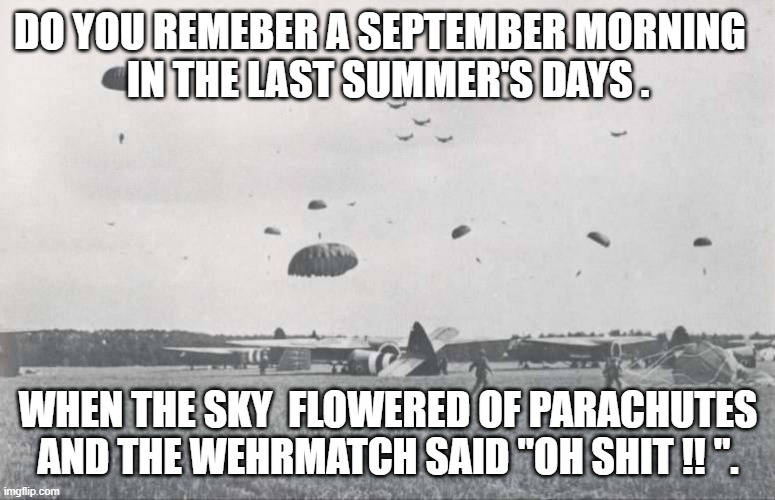 september | DO YOU REMEBER A SEPTEMBER MORNING  
IN THE LAST SUMMER'S DAYS . WHEN THE SKY  FLOWERED OF PARACHUTES
AND THE WEHRMATCH SAID "OH SHIT !! ". | image tagged in world war 2 | made w/ Imgflip meme maker