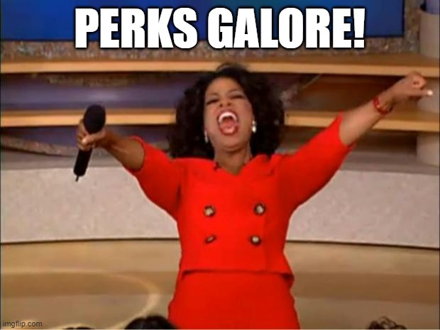 Perks Galore! | PERKS GALORE! | image tagged in memes,oprah you get a | made w/ Imgflip meme maker