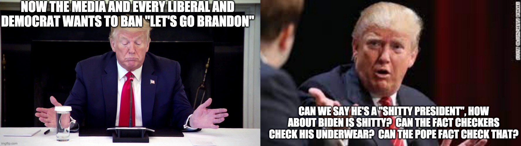 shitty president - rohb/rupe | NOW THE MEDIA AND EVERY LIBERAL AND DEMOCRAT WANTS TO BAN "LET'S GO BRANDON"; CAN WE SAY HE'S A "SHITTY PRESIDENT", HOW ABOUT BIDEN IS SHITTY?  CAN THE FACT CHECKERS CHECK HIS UNDERWEAR?  CAN THE POPE FACT CHECK THAT? | image tagged in joe biden,let's go brandon | made w/ Imgflip meme maker