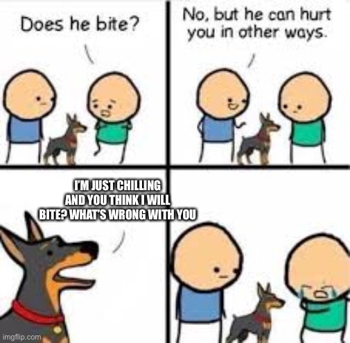 He can hurt you in other ways | I’M JUST CHILLING AND YOU THINK I WILL BITE? WHAT’S WRONG WITH YOU | image tagged in he can hurt you in other ways | made w/ Imgflip meme maker