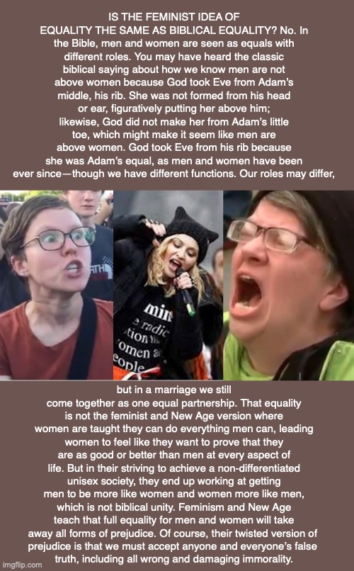 IS THE FEMINIST IDEA OF EQUALITY THE SAME AS BIBLICAL EQUALITY? No. In the Bible, men and women are seen as equals with different roles. You may have heard the classic biblical saying about how we know men are not above women because God took Eve from Adam’s middle, his rib. She was not formed from his head or ear, figuratively putting her above him; likewise, God did not make her from Adam’s little toe, which might make it seem like men are above women. God took Eve from his rib because she was Adam’s equal, as men and women have been ever since—though we have different functions. Our roles may differ, but in a marriage we still come together as one equal partnership. That equality is not the feminist and New Age version where women are taught they can do everything men can, leading women to feel like they want to prove that they are as good or better than men at every aspect of life. But in their striving to achieve a non-differentiated unisex society, they end up working at getting men to be more like women and women more like men, which is not biblical unity. Feminism and New Age teach that full equality for men and women will take away all forms of prejudice. Of course, their twisted version of 
prejudice is that we must accept anyone and everyone’s false 
truth, including all wrong and damaging immorality. | made w/ Imgflip meme maker