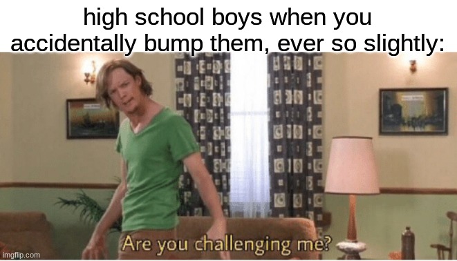 are you challenging me? | high school boys when you accidentally bump them, ever so slightly: | image tagged in are you challenging me,high school | made w/ Imgflip meme maker