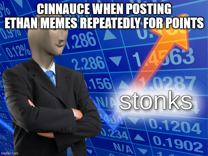 stonks | CINNAUCE WHEN POSTING ETHAN MEMES REPEATEDLY FOR POINTS | image tagged in stonks | made w/ Imgflip meme maker